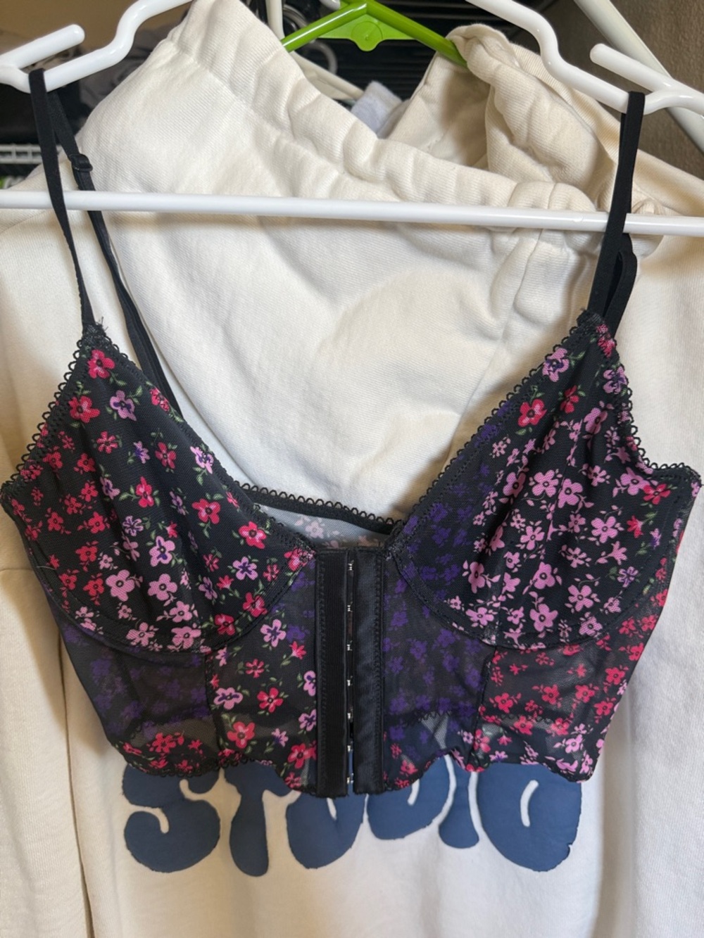 Floral Mesh Longline Bralette in Black and Pink